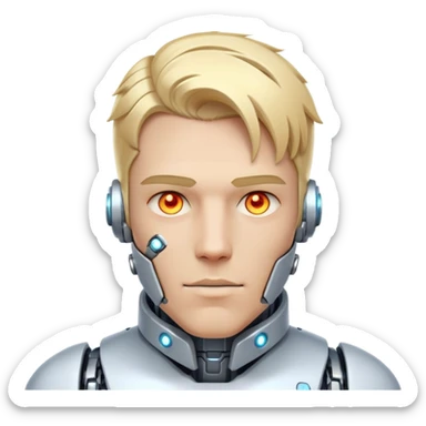 Cyborg male with blond hair, partly mechanical face, glowing eyes, white tech collar sticker