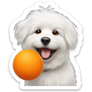 White fluffy dog with orange ball in its mouth sticker