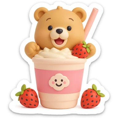 Edit the image to depict a pastel 3D vinyl figure style milkshake cup with a straw, a smiling bear peeking out, two strawberries, soft shadows, minimal look, with no background. sticker