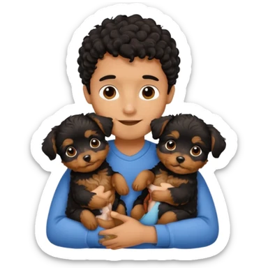 Young man with little brown skin, black curly hair, cheerful dark brown eyes, hugging two baby puppies Yorkie Breed sticker