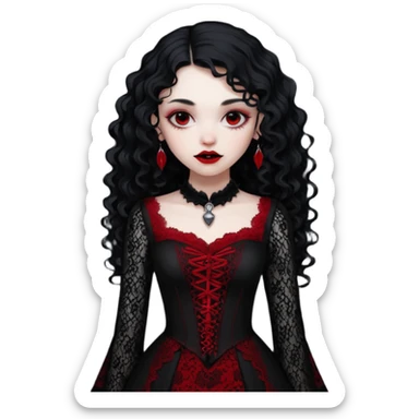 A girl with a red goth vampire look in a black and red goth lace dress with long sleeves and long black curly hair  sticker