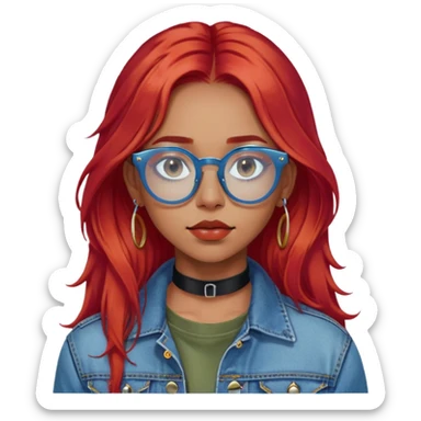 young woman, long red hair, blue translucent glasses, black choker, septum ring, denim jacket, calm expression, olive white skin sticker