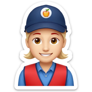 cheerful emoji-style Lowe’s associate, Apple emoji look, flat vector, front view, red vest, navy blue cap, rounded face, soft smile, simple dot eyes, no text or logos, clean background, minimalist and polished sticker