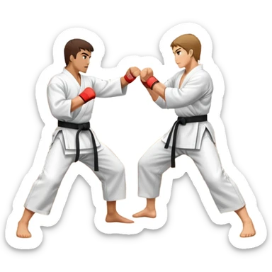 An icon representing traditional Karate, featuring two opponents in a martial arts dojo. One is performing a powerful punch, while the other defends with a block. The background showcases a classic dojo setting with wooden floors and sliding doors. Transparent background sticker