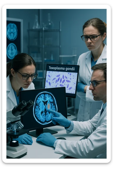 scienziati che studiano il toxoplasma gondii e le reazioni al cervello su umani sticker