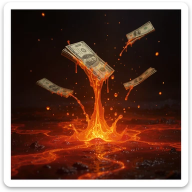 Transform the stacks of money into a scene where the money is flowing like lava, with a molten, liquid effect. The money should look real and the lava effect should be vivid and dynamic, in a realistic, photorealistic style. sticker