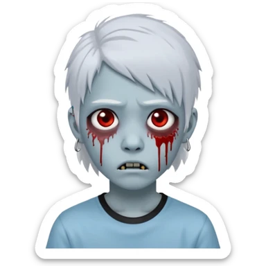 Create a 3D emoji-style avatar with very pale blue-grey zombie skin like the reference image, a young Asian face, and large eyes with blood tears. Give it white mullet-style hair, silver hoop earrings, and a simple black T-shirt. The expression should be neutral or slightly angry sticker