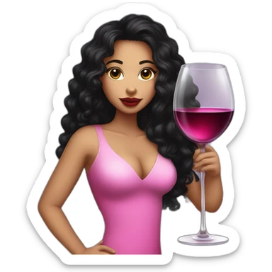 White latin girl with pink big lips, long curly black hair and glass of wine sticker