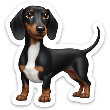 Black weiner dog with white chest sticker