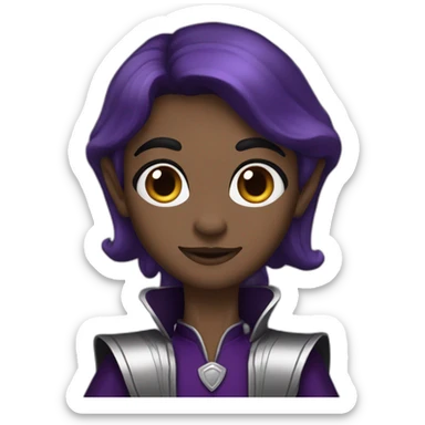 tall elf, long dark brown hair and eyebrows, wearing dark black & purple and silver outfit  sticker