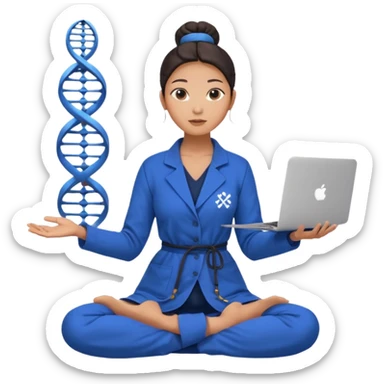 emoji of an asian woman with a single bun in a long blue labcoat sitting cross legged with dna levitating above one hand and an macbook above the other hand sticker