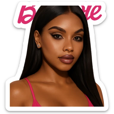 pretty Barbie baddie with black straight hair, brown skin, pretty makeup, dark brown eyes, gold stud earrings sticker