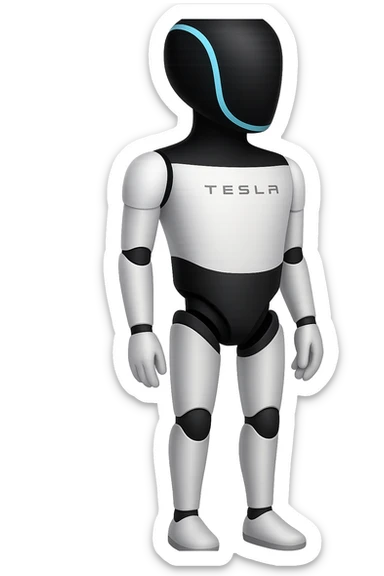 Create a fullbody Tesla robot emoji with the exact head from the reference image. The robot should have arms down pose, looking slightly to the side, and be in the apple emoji style. The style should be respected as closely as possible in the edit. sticker