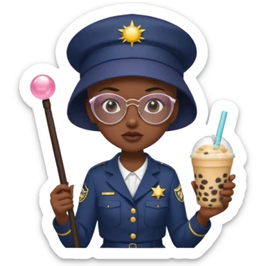 A Angry Teen Female with Dark skin and Bald, wearing a Uniform outfit, a Sunhat, Sunglasses, carrying a Enchanted staff, working as a teacher, while drinking Bubble tea and reading a Comic.
 sticker