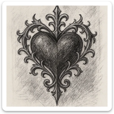 gothic heart, ornate, dark, elegant, pencil sketch style sticker