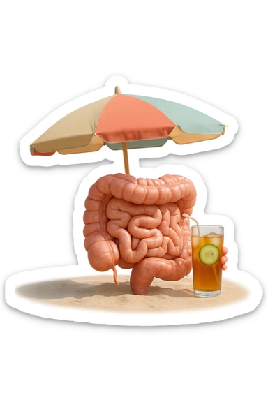 INTESTINO SEDUTO IN SPIAGGIA SOTTO L'OMBRELLONE MENTRE BEVE THè FREDDO CON CETRIOLO
IPERREALISTICO 4K sticker