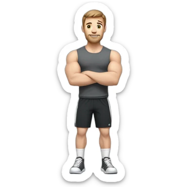 Close up Actively gesturing  with hands Pale skinned Fit Man With the biceps and brown hair in dark gray Sleeveless Mike, black oversize sports shorts, watch and white Sneakers sticker