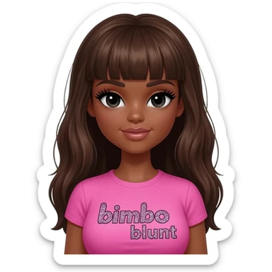doll body , dark brown eyebrows, dark skin girl,Long giant lashes, bimbo, black doll eyes, barbie, dark brown skin, with brown hair, big breast, pink 2000s t shirt says on the sparkling text “bimbo blunt” on playboy logo sticker