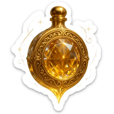 premium class crystal elixir bottle in coin shape, golden, lots of shine, edges, ornaments, magical effects, very small golden neck, transparent background, beautiful merging bottom, clearly floating in air, no base or shadow, very luxurious, matching the collection sticker