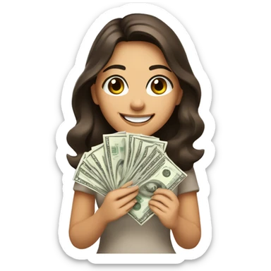 brunette girl with brown eyes with a beautiful smile holds paper dollars in her hands sticker