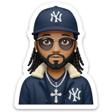 African American man with shoulder length black dreadlocks with black beard wearing black sunglasses wearing a New York Yankees logo baseball cap wearing a black bubble winter coat with diamond cross necklace on his neck sticker