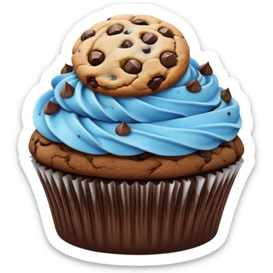 Chocolate cupcake with white and blue mixed frosting with a chocolate chip cookie on top  sticker