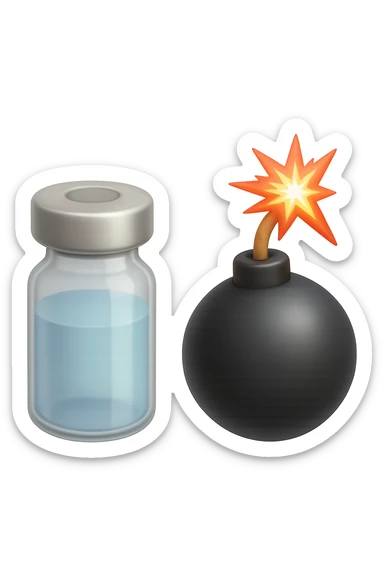 emoji stile iphone 3d di una fiala medica con una bomba vicino, fluttuano in aria insieme, FALLO MOLTO REALISTICO IN 3D sticker