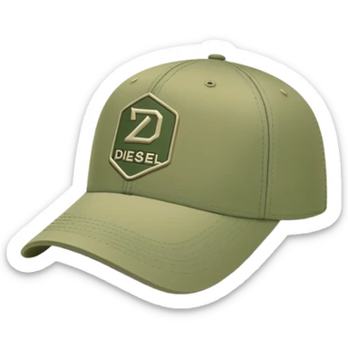 Army green Diesel cap, baseball hat with Diesel brand logo visible, khaki colored headwear, side view sticker
