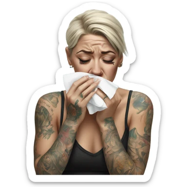 Hyper Realistic Beautiful tattooed woman crying holding a tissue   sticker