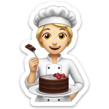 A white pastry cook eating a chocolate cake sticker