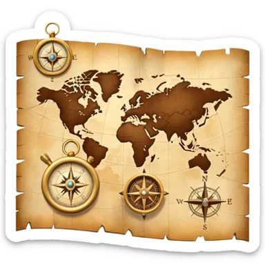 3D Brown golden map with Travel compass pointing to adventure sticker