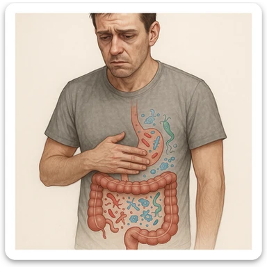 Realistic and medical style illustration of a 35-year-old man with hand on his stomach, tense and tired face, sunken eyes, dull skin. Transparent drawings on the abdomen of stylized parasites and bacteria in imbalance, schematic intestine as in a medical illustration. sticker