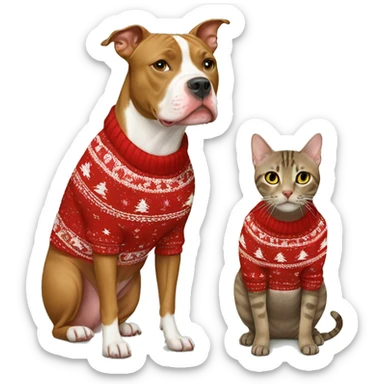 Tan pitbull and brown tabby cat in Christmas sweaters sticker