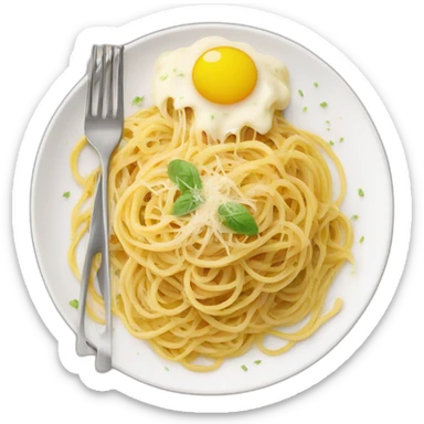 spaghetti carbonara sobre un plato grande y cubiertos para comer sticker