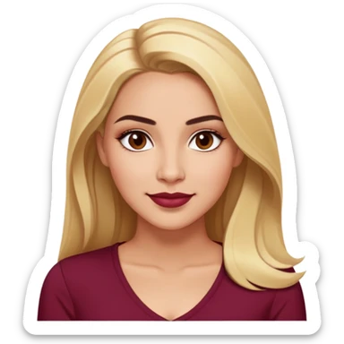 Puerto Rican actress Linette Torres with warm light skin, attractive elegant features, expressive eyes, well-defined eyebrows, straight nose, friendly smile, long blonde hair, wearing a fashionable burgundy top sticker