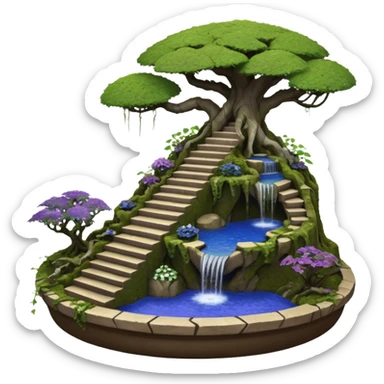 Alien saucer house jungle-vines precarious stairway fountain mountain-island landscape antique mudman very old broken cracked intricate Stone Age lapis-crusted irregular dodecagon-shaped shallow dark moss rough bark violet serissa flowered maple tree bonsai pot sticker