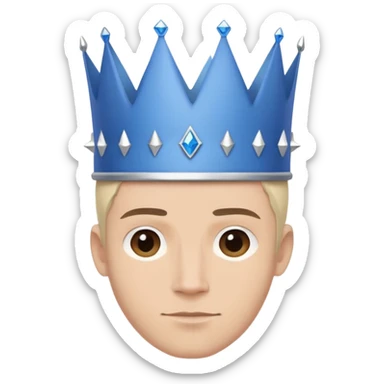 A friendly, clean-shaven young man wearing a large, plain blue crown bigger than his face. The crown has a wide base and small spikes, with no details or gems. Minimalist, modern style inspired by Apple aesthetics sticker