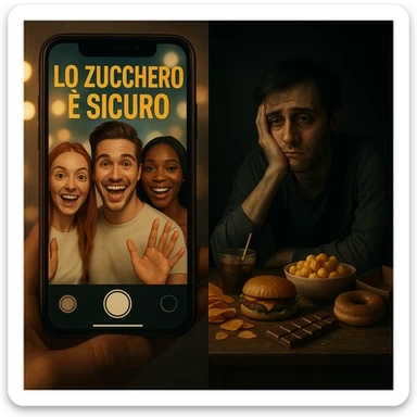 Symbolic split-screen scene: on one side, smiling and confident influencers on a smartphone enthusiastically say in Italian 'LO ZUCCHERO È SICURO' with bright lights, filters, and vivid colors; on the other side, a tired and bloated person surrounded by junk food in a dark and shadowy environment. Contrast between misinformation and hidden truth. Cinematic style, dual lighting (bright vs. dark), social critique tone. sticker