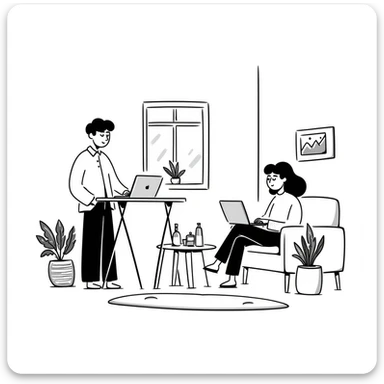 escenary 3d of a cozy mid-century living room with two people working on laptops, one man standing at a desk, and one woman sitting on a couch sticker