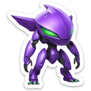 a purple-green Genesect-Raptor-Fakémon—hybrid with a futuristic visor-helmet full body sticker