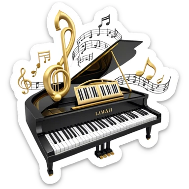 Create an elegant and festive emoji collage representing keyboard instruments, styled like a heraldic emblem. The design should feature a central focal point of black and white piano keys, arranged in a semi-circular or shield-like shape. Around the piano keys, add intertwining musical notes that form flowing ribbons, creating a dynamic and celebratory atmosphere. The design should be professional, with polished silver and gold accents on the keys and notes, highlighting the luxury and sophistication of the instruments. Add subtle shading and lighting effects to give the design a refined, 3D appearance. The background should remain transparent, and the overall feel should evoke grandeur, artistry, and a sense of celebration. sticker