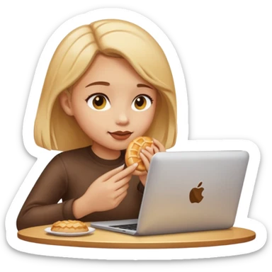 a girl looking in her computer a pastrie with good food  sticker