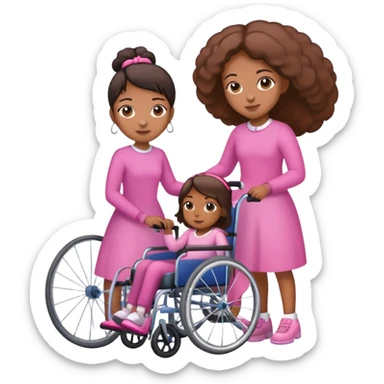 One tan skin sister standing behind her brown skin sister in a pink wheelchair sticker