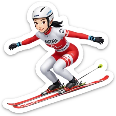 Ski racer downhill squat woman red white dress Austria lettering Ski Head lettering black hair smile sticker