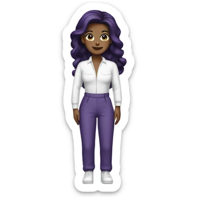 Woman with dark purple hair and white jumpsuit sticker