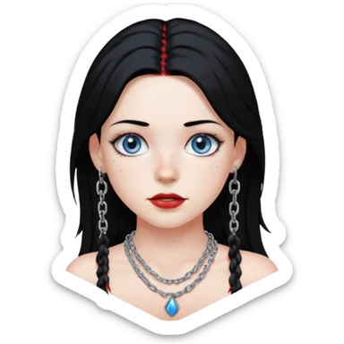 Girl with blue eyes white skin freckles black hair and red roots with silver chains sticker