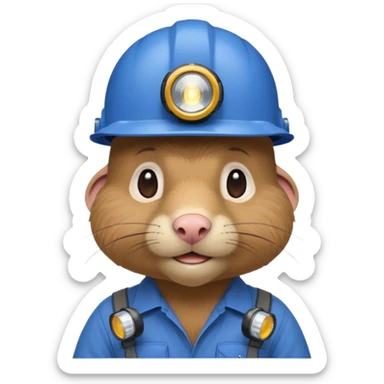 a mole rat, blue helmet, headlamp, worker cloth sticker