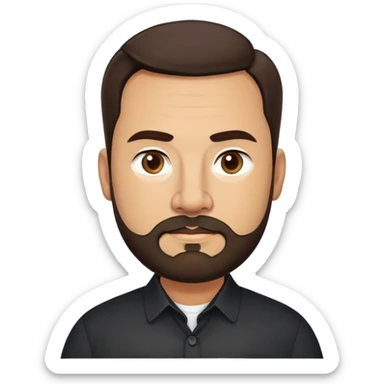 Very stocky businessman in his 40s with light brown skin, pear-shaped face (wider at bottom), full cheeks, medium dark brown eyes, thick eyebrows, wide nose, professional expression, short full beard, short dark hair, wearing a black button-up shirt sticker