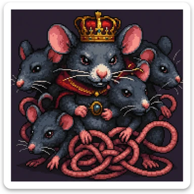 Enhance the image to show more tangled tails among the rats in a pixel art style. Emphasize the pixel art aesthetic with clear, blocky pixels and vibrant colors typical of pixel art. Increase the complexity and visibility of the tails to appear more intertwined and tangled, while maintaining the pixel art style. sticker