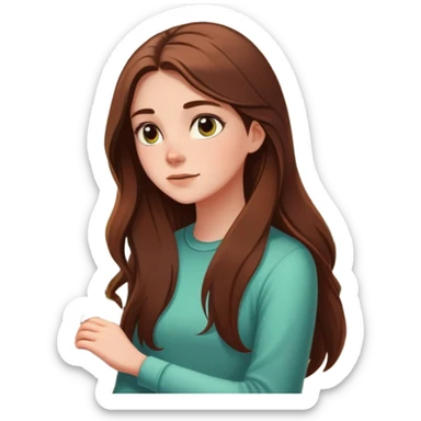 white girl with long brown hair, looking out a window, sunlight and houseplants in the background, cartoon vibe sticker
